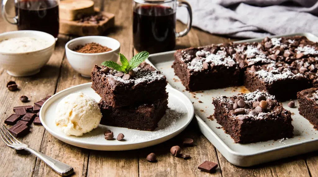 a plate of brownies and ice cream